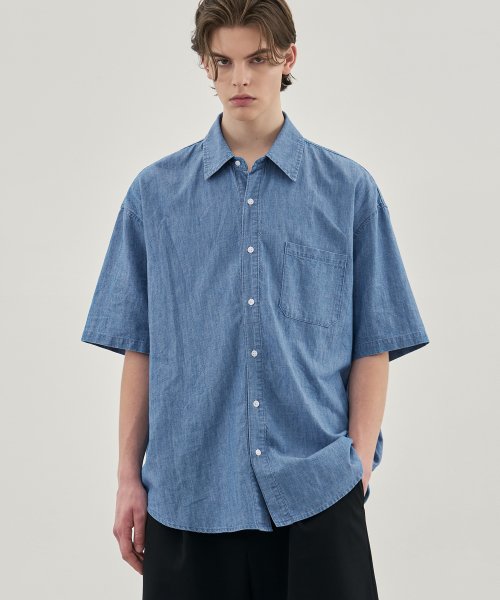 MUSINSA | DRAWFIT Icy Linen Denim Short Sleeve Shirt [BLUE]