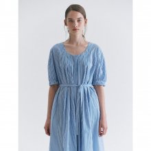 Cotton Tuck Pleats Long Dress  Marine Blue