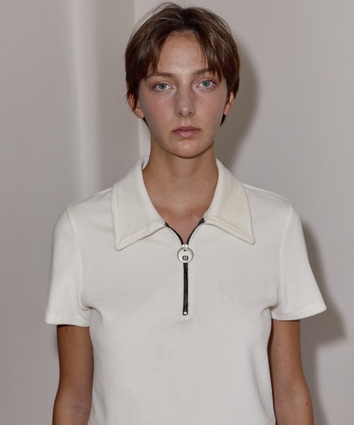 VELOUR ZIP-UP POLO TOP - IVORY