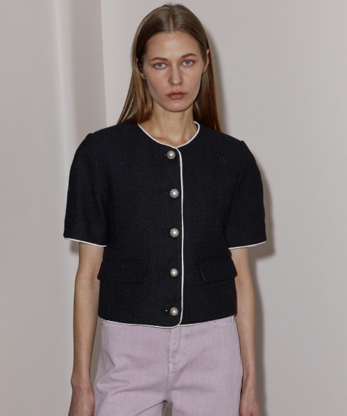 VELVET TRIMMED COTTON CROP JACKET - BLACK