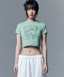 W Angry Cat Crop Tee - Green