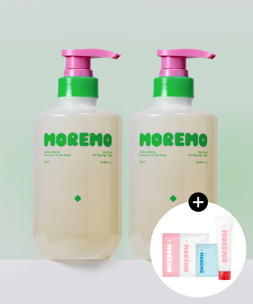 모레모 카페인바이옴 샴푸 지성용 500ml 듀오세트+(증정) 슈퍼리페어샴푸 100ml+샤쉐3종