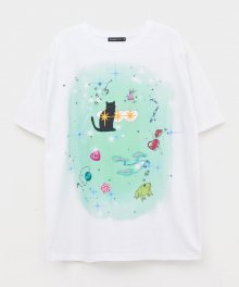 SPARKLE CAT OVER FIT T SHIRTS WHITE GREEN