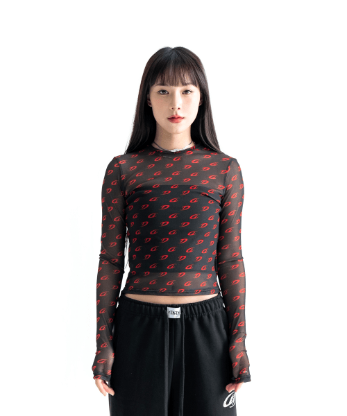 Black and red store mesh top