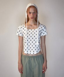 RR LOGO PATTERN SQUARE NECK T-SHIRT WHITE