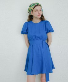 BELTED LINEN MINI DRESS - BLUE