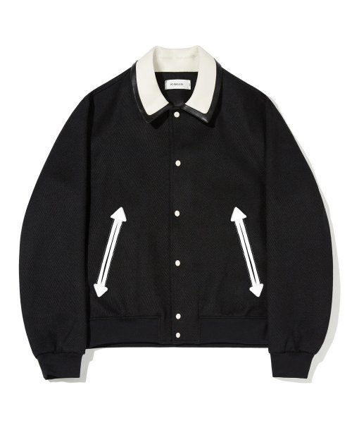Leather Color Block Wool Collar Blouson Black