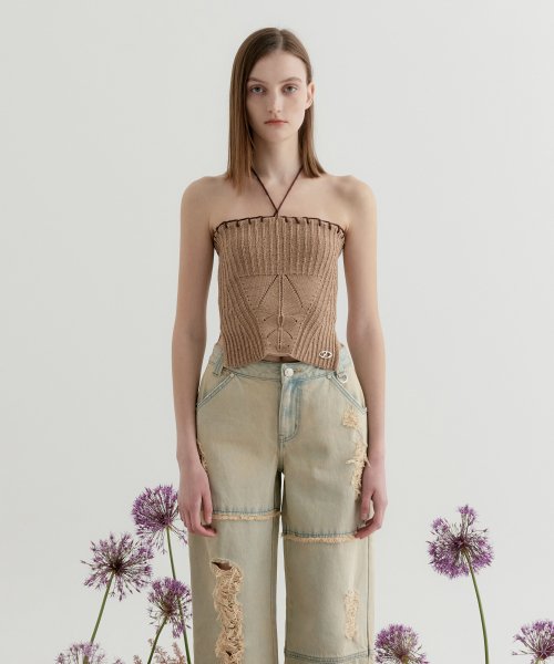 MUSINSA | YUSE STITCH COTTON BUSTIER KNIT TOP - BEIGE