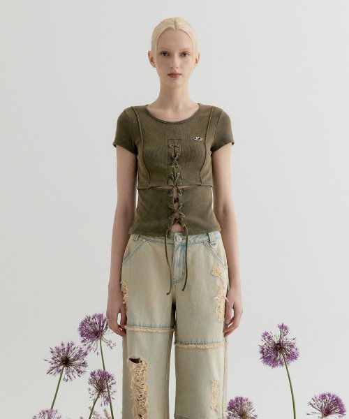 Musinsa yuse cut out lace up washing half sleeve top khaki