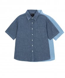 Linen denim double pocket 1/2 shirt (indigo)