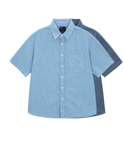 Linen denim double pocket 1 2 shirt light blue
