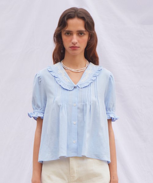Embroidered Pintuck Puff Blouse Lightblue