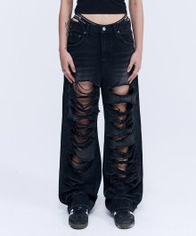 Pia Damage Wide Jeans - Black