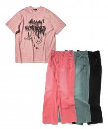 [SET] 90s 그래피티 피그먼트 티셔츠 데님 세트 - 인디 핑크