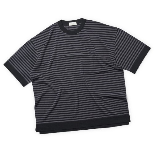Casual Linen Like Short Sleeve Stripe Round Knit Black&Grey