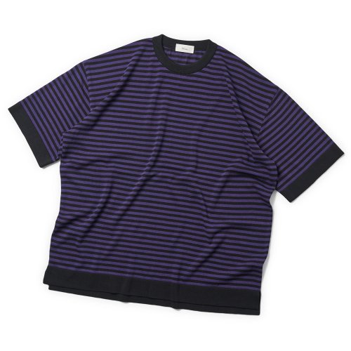Casual Linen Like Short Sleeve Stripe Round Knit Black&Pupple