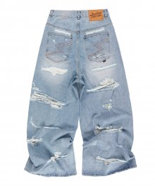 Side Snap Button Distressed Jeans - Blue