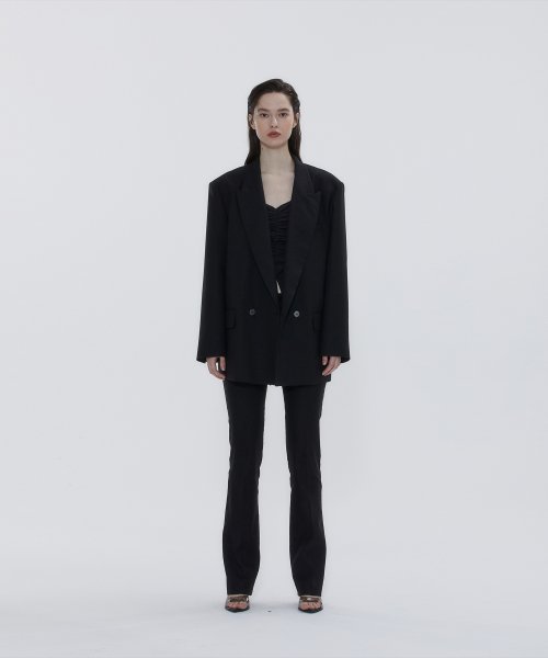 DOUBLE BREASTED LINEN BLEND SUIT JACKET BLACK
