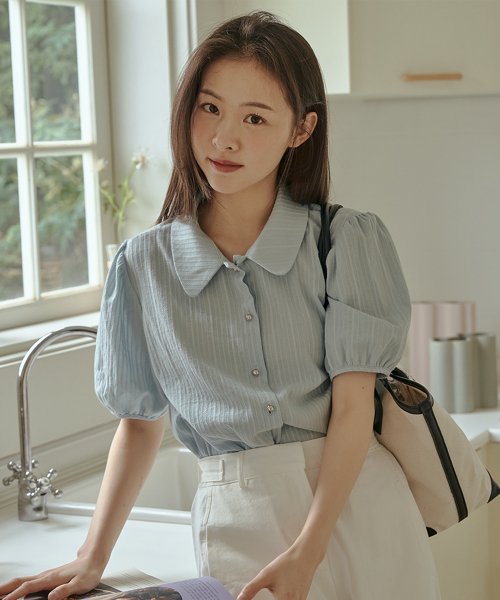 ROUND COLLAR BUTTON BLOUSE_SKY синий