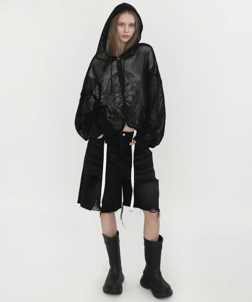 MUSINSA | BADBLOOD Fleur Crochet Knit Hood Zip Up Large Fit - Black