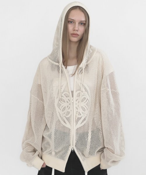 MUSINSA | BADBLOOD Fleur Crochet Knit Hood Zip-up Large Fit - Cream