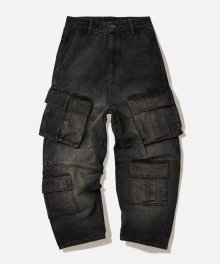 CURVED WIDE CARGO DENIM PANTS-CHARCOAL