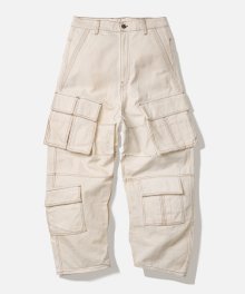 CURVED WIDE CARGO DENIM PANTS-WHITE