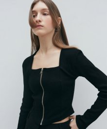 SQUARE ZIP UP KNIT TOP_BLACK