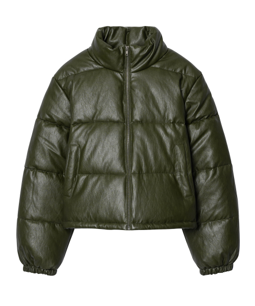 Короткий пуховик из экокожи [Khaki]