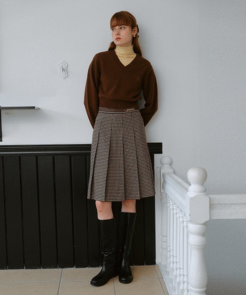 로라로라(ROLAROLA) WOOL BLENDED BUCKLE PLEATS SKIRT BROWN
