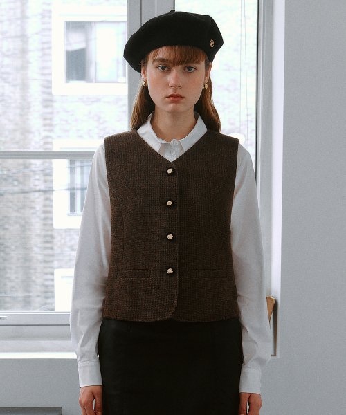 CHECK SINGLE VEST BROWN