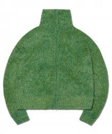 HIGH NECK HAIRY KNIT ZIP-UP - GRASS GREEN