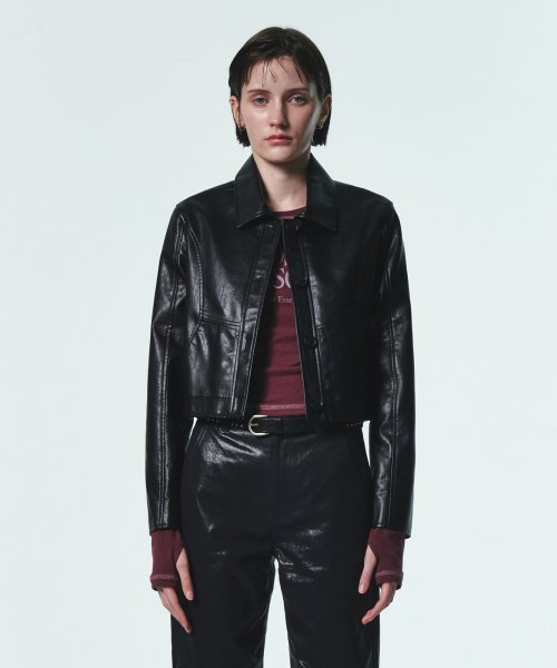 CROP LEATHER JACKET [BLACK]