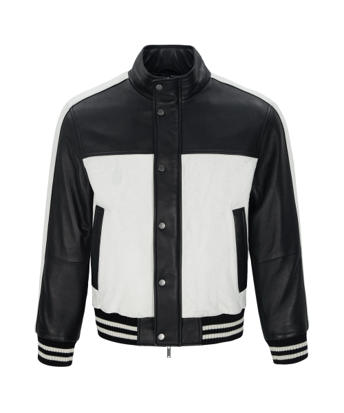 GARMENT WASHED NAPPA LEATHER RACER JACKET (BLACK&CREAM / LAMBSKIN)