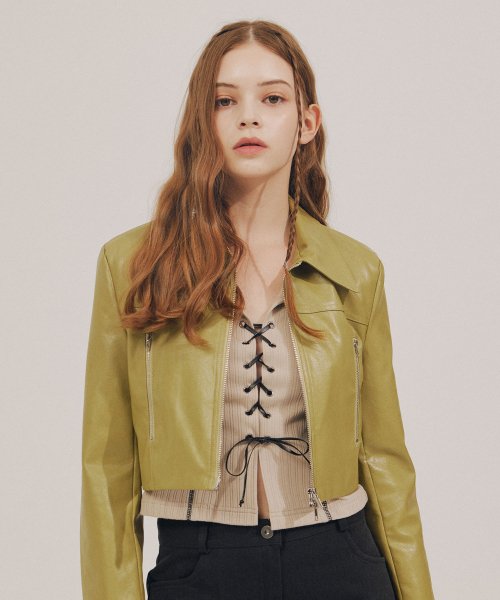 Укороченная кожанка с молнией [OLIVE GREEN]