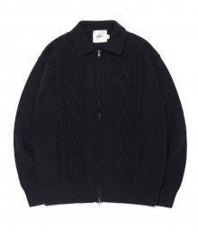 ZIGZAG Cable Collar Knit Zip-Up Black