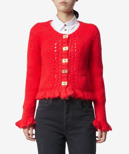 MUSINSA  GANNI Women's Ruffle Hem Mohair Blend Cardigan - Red / K1919474