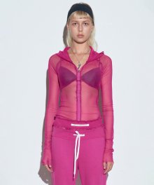 Mesh Shirring Zip Up Hoodie Fuchsia