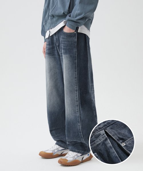 MUSINSA | TRILLION Side Tuck Snap Button Wide Denim Pants (BLUE GRAY)