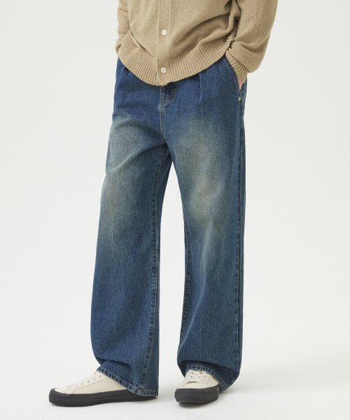 MUSINSA | TRILLION Yellow Wash Reverse Tuck Denim Pants (DEEP BLUE)