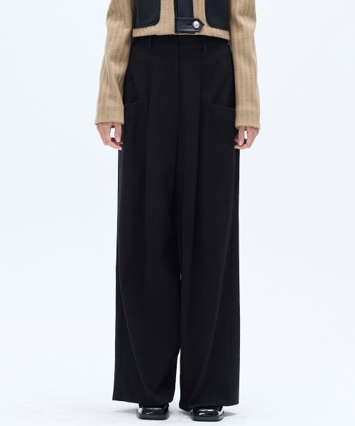 COTTON POCKET PINTUCK WIDE PANTS_BLACK