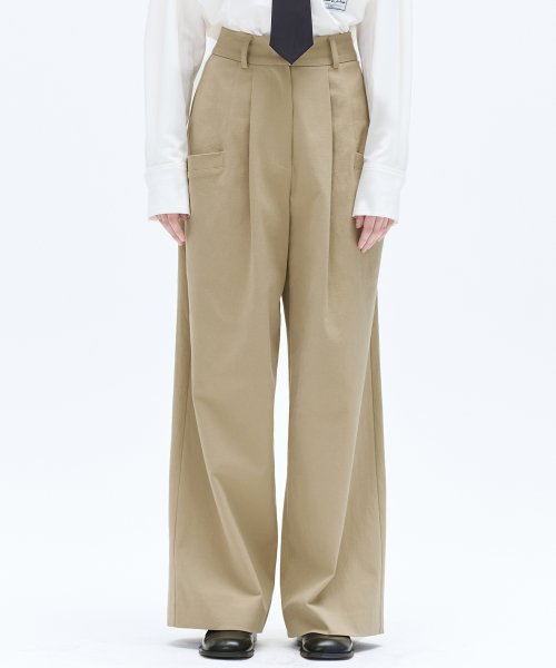 COTTON POCKET PINTUCK WIDE PANTS_BEIGE