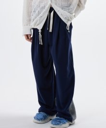 KNIT MIXED TWO TUCK WIDE SWEAT PANTS - NAVY