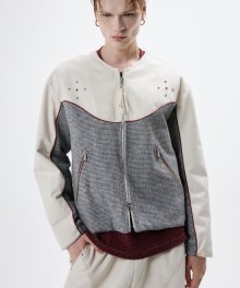 DENIM & CHECK ROUND NECK JACKET - IVORY