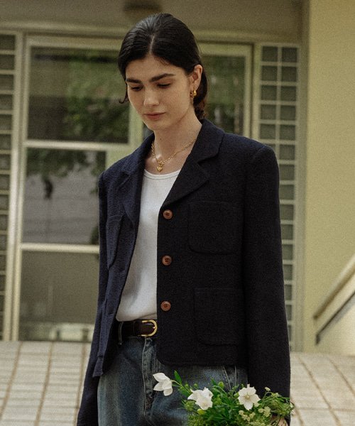 Classic double stitch tweed jacket_Navy