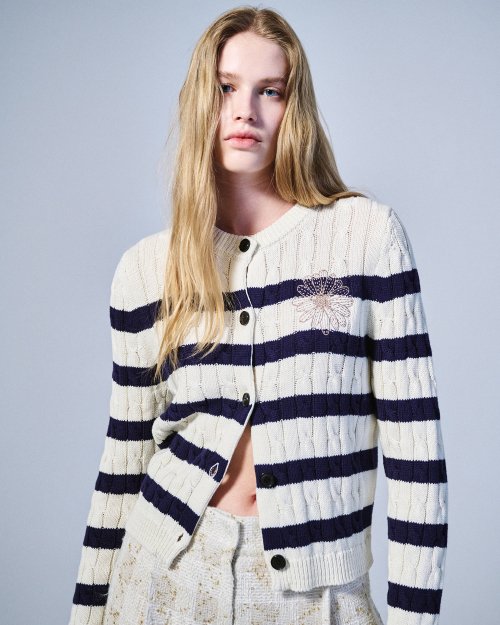 MUSINSA公式 | MARDI MERCREDI COTTON CARDIGAN ROUND NECK STRIPE_IVORY BEIGE