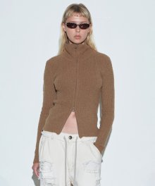 Boucle Knit Zip-Up Toast