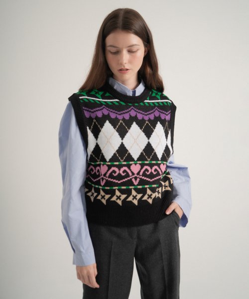 Pattern Round Knit Vest (Black)