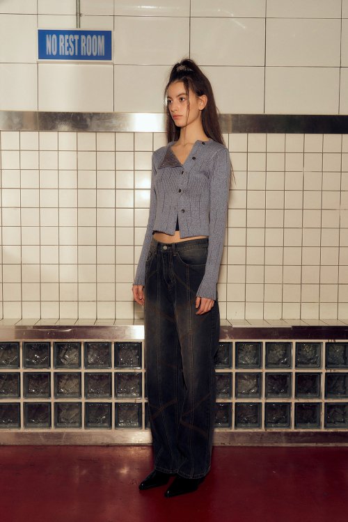 DENIM DIAGONAL STITCHED PANTS (BLACK)