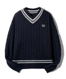 V NECK PREPPY CABLE KNIT (NAVY) [LRSFCTK707M]